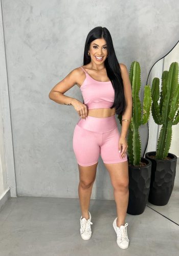 Conjunto de Short Canelado Alta Compreensão - Rosa